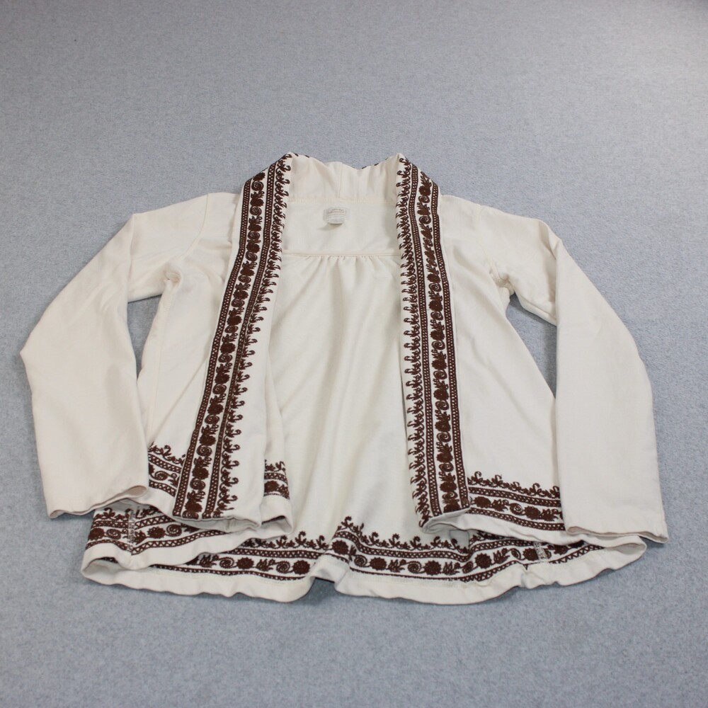 Lucky Brand Sweater Women Medium Cream Cardigan Brown Embroidered Boho Artsy Y2K